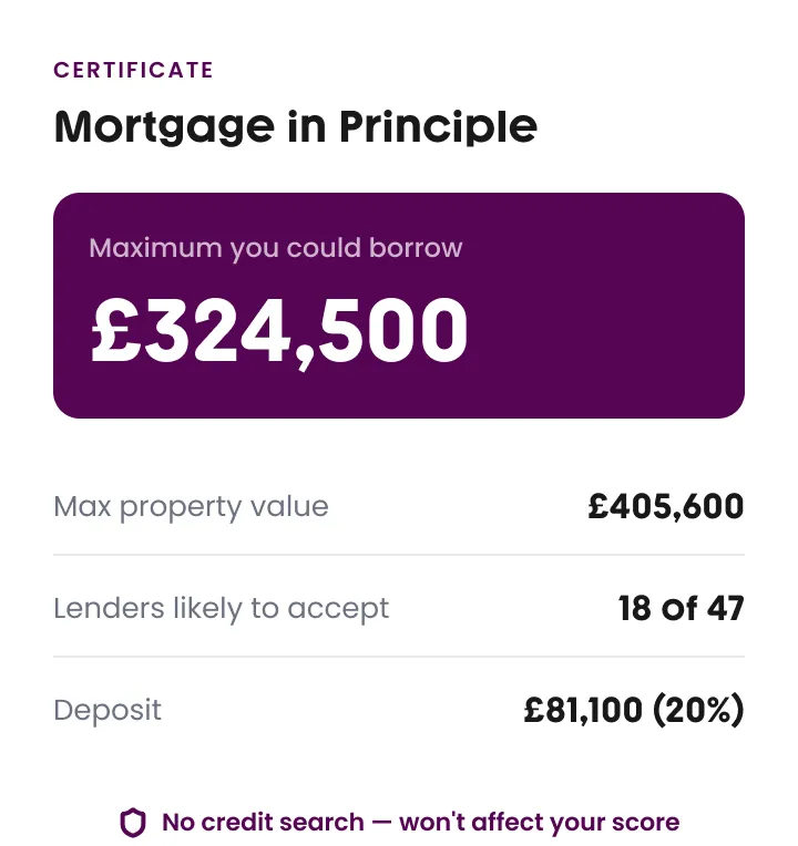 Mortgage in principle certificate showing max borrow £324,500, max property £405,600, 18 of 47 lenders, deposit £81,100.