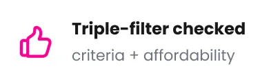 Pink thumbs-up icon with bold text triple-filter checked and smaller text criteria plus affordability.
