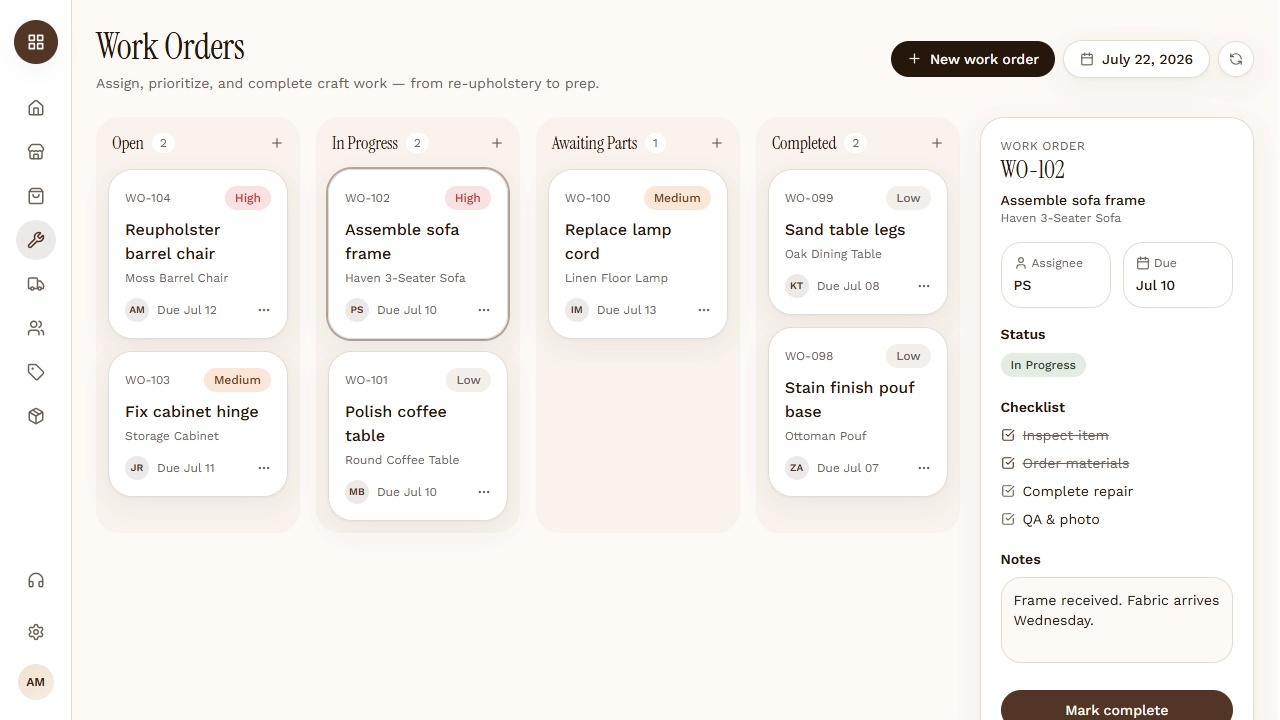 Work order app built in Jet Admin showing open jobs by site and priority