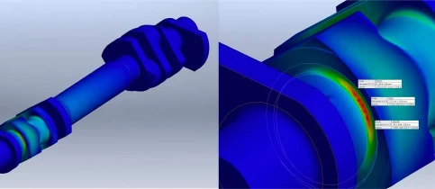 3D transparent rendering of a camshaft with connected pistons and mechanical components.