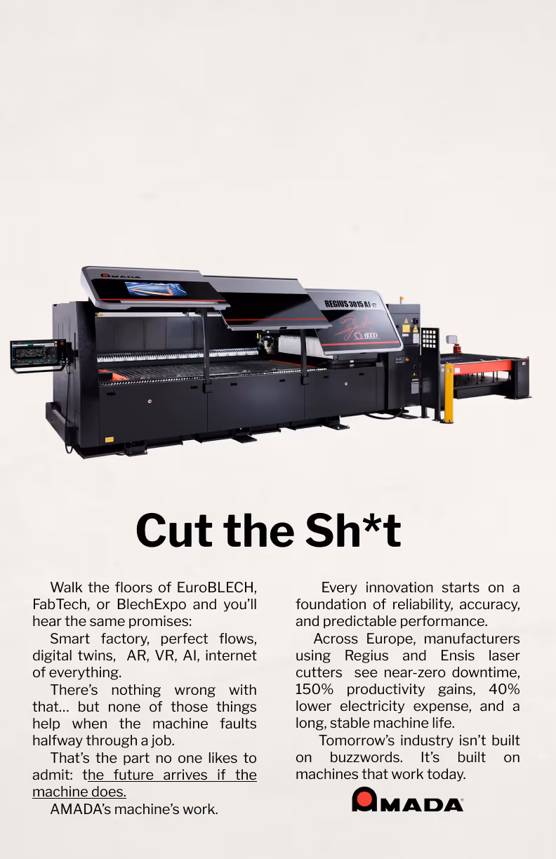 Amada Regius 3015 laser cutting machine with text about reliable factory equipment and productivity benefits in manufacturing.
