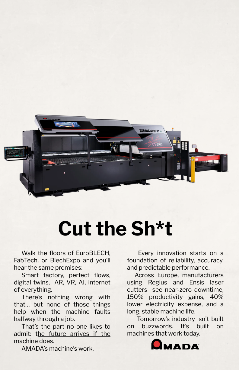 Amada Regius 3015 laser cutting machine with text about reliable factory equipment and productivity benefits in manufacturing.