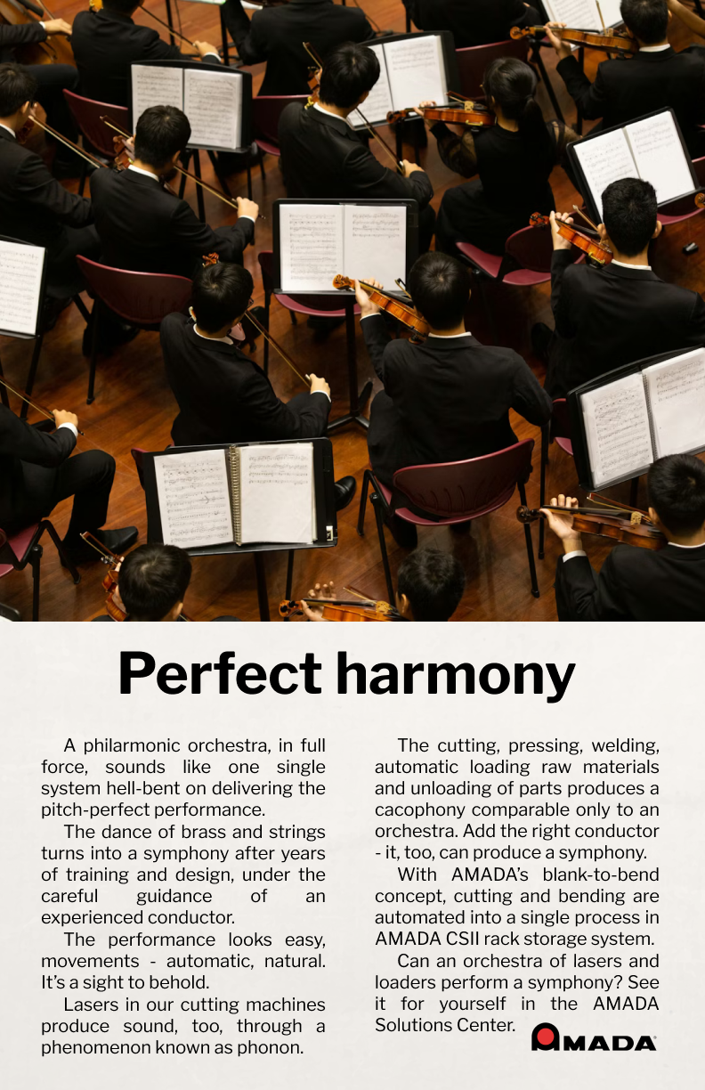 Overhead view of a philharmonic orchestra seated and playing string instruments with sheet music on stands, above text titled 'Perfect harmony' describing AMADA's automated cutting and bending technology.