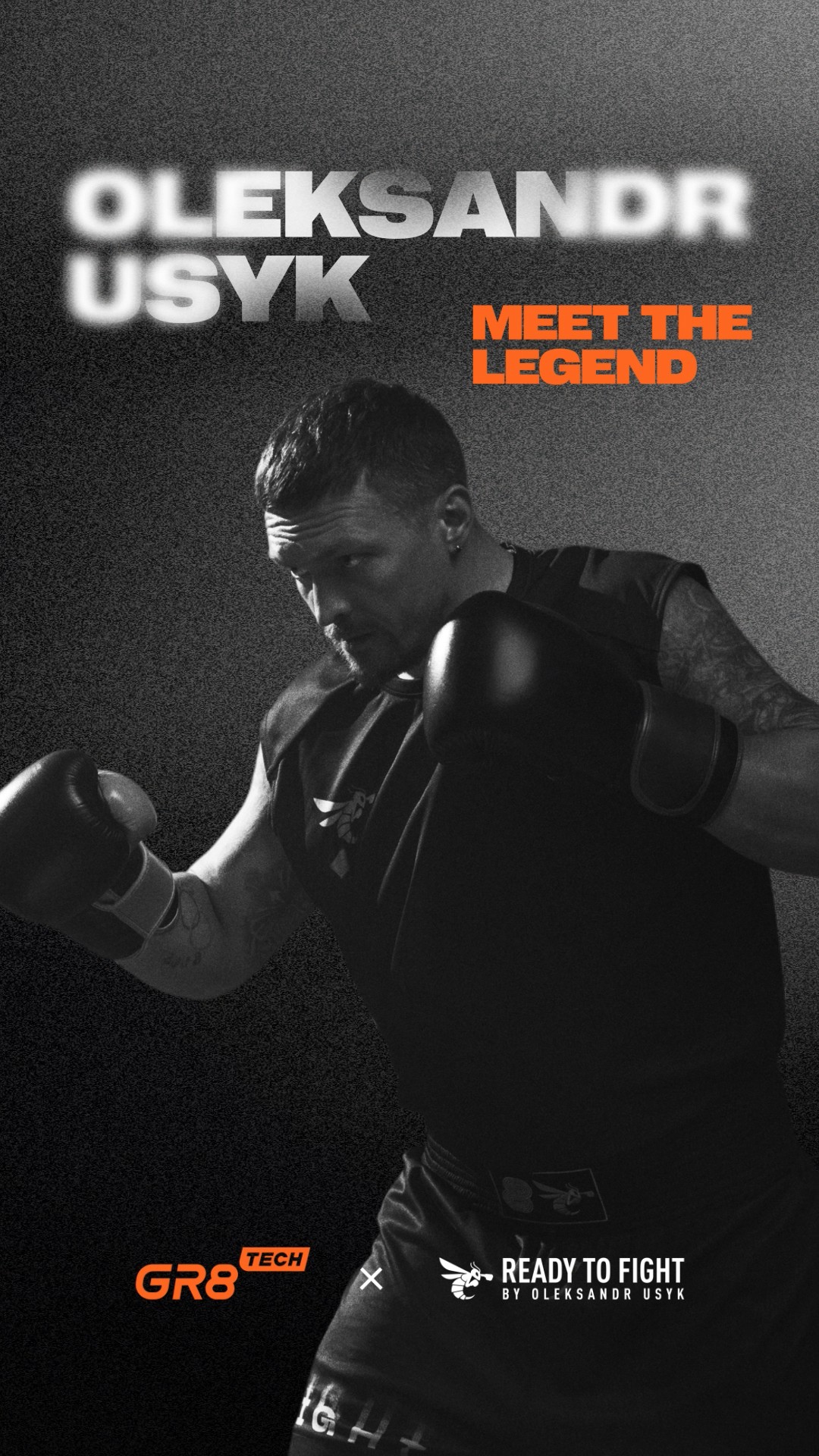 Black and white photo of Oleksandr Usyk in boxing stance wearing gloves and sportswear, with text 'MEET THE LEGEND.'
