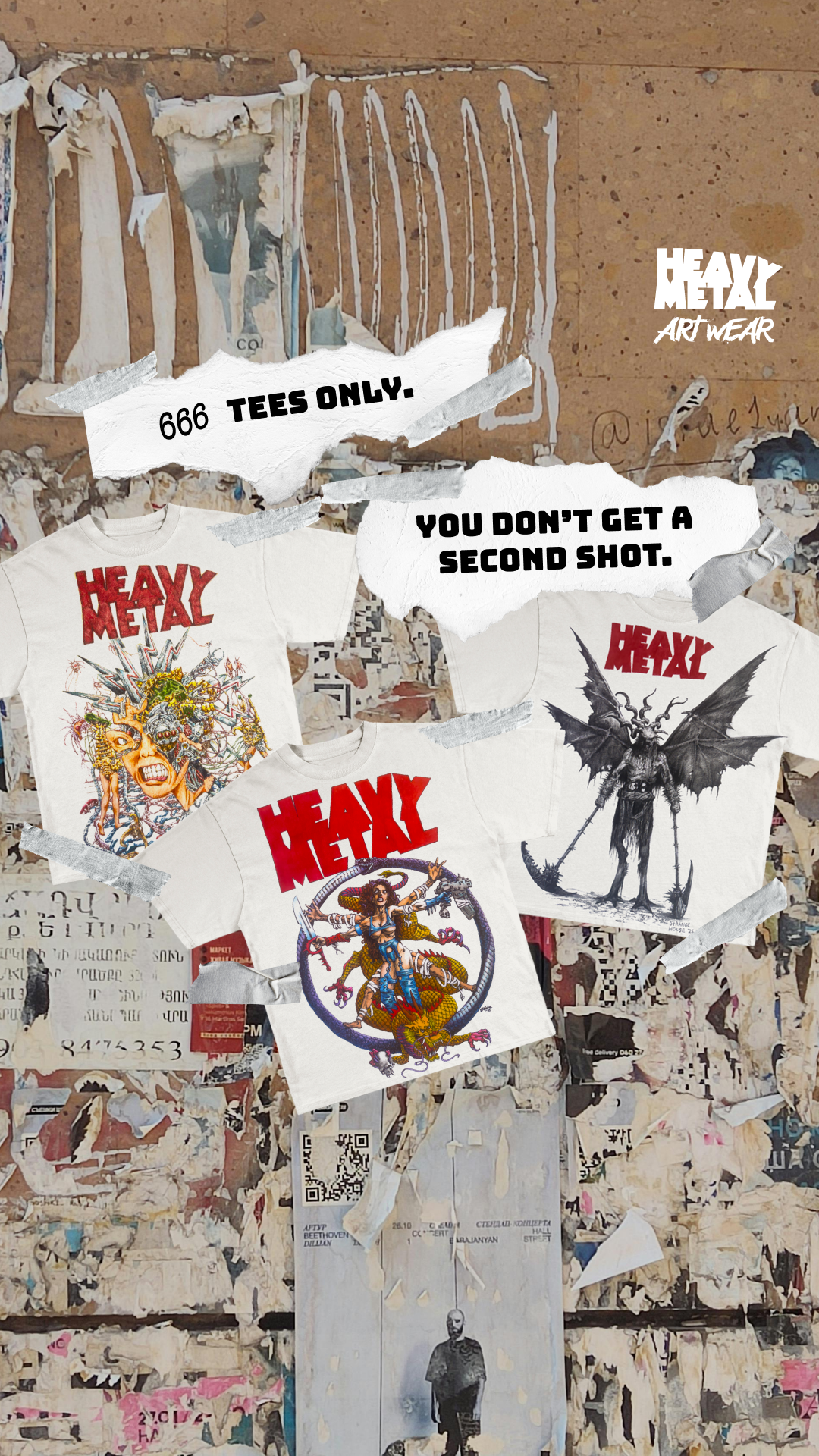Three white heavy metal themed t-shirts with bold red 'HEAVY METAL' text and detailed graphic designs on a wall covered in torn posters.