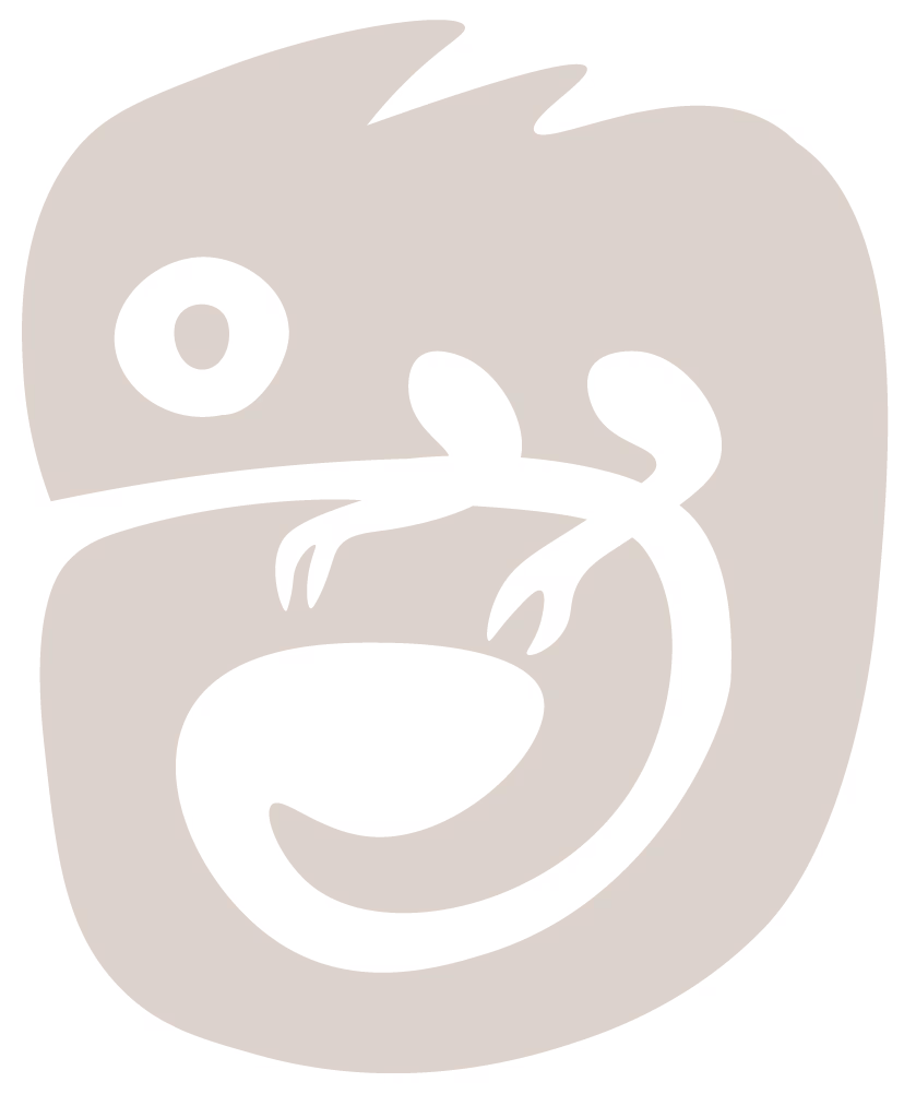 Stylized cartoon mascot resembling a rounded creature with large eyes and a wide mouth, in pastel beige tones.