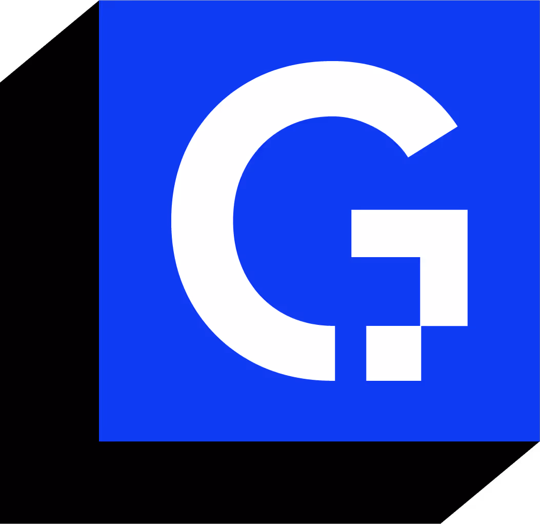 White stylized letter G with a pixelated lower-right corner on a blue square background.