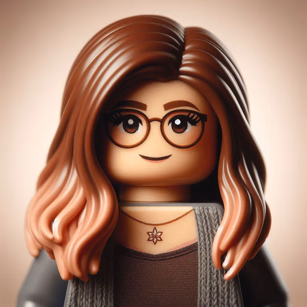 LEGO figure with long brown hair, round glasses, a flower necklace, and a gray knitted sweater.