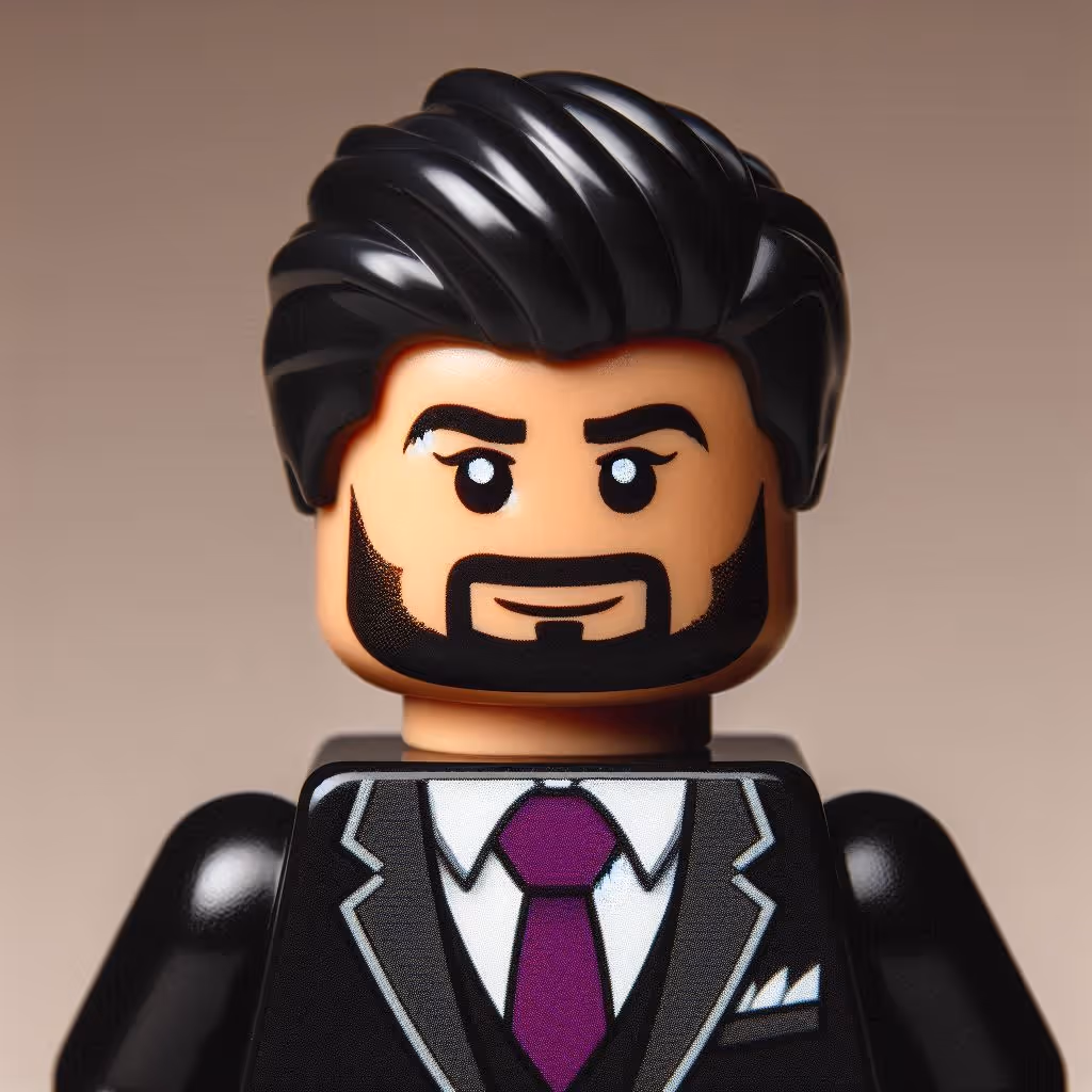 LEGO minifigure with styled black hair, beard, and mustache wearing a black suit with a white shirt and purple tie.