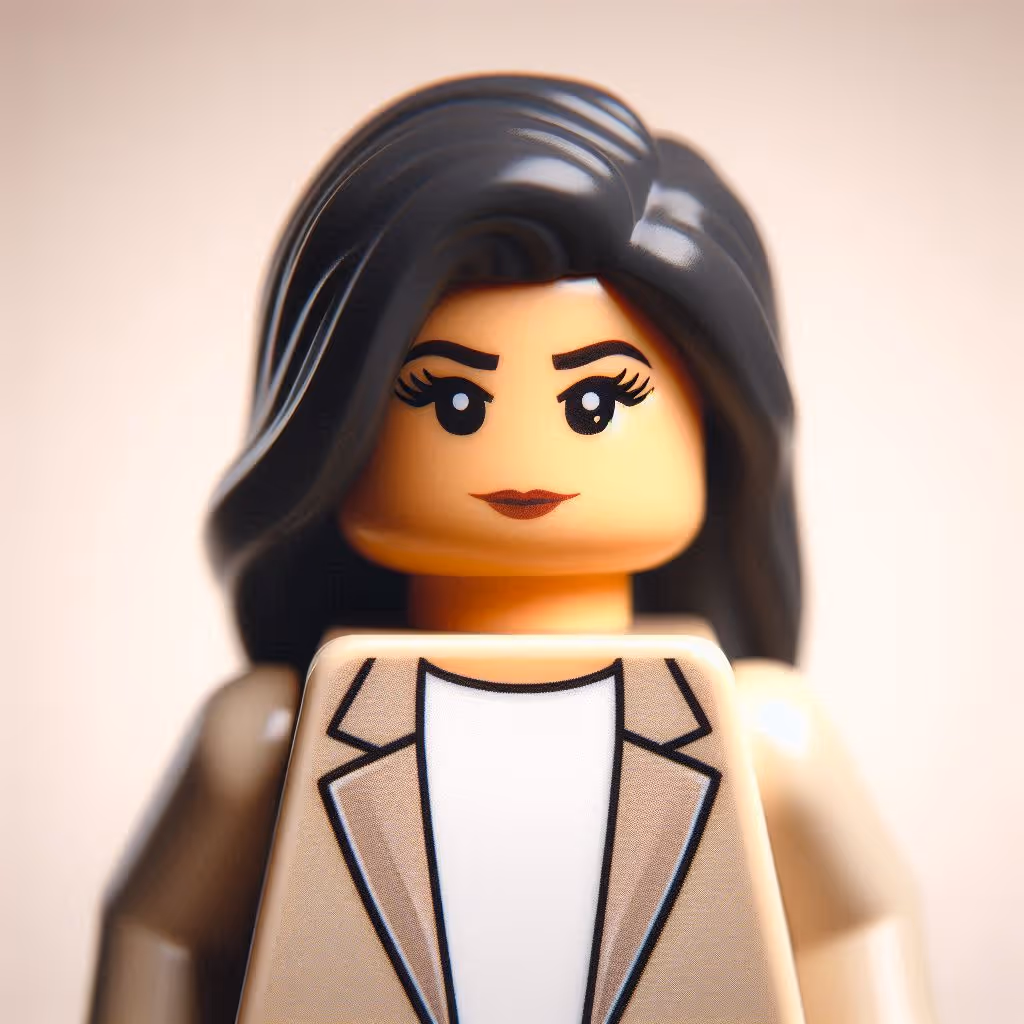 LEGO figure with long black hair, dark eyebrows, and wearing a beige blazer over a white shirt.
