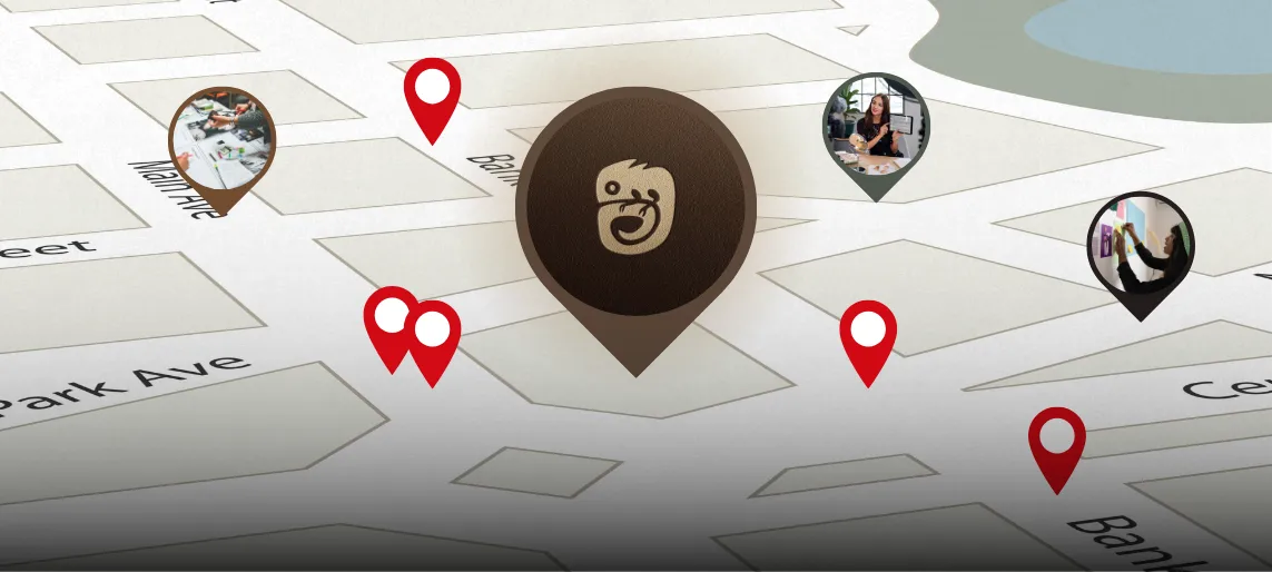 Map illustration showing business locations with pins and Pastel Creative logo