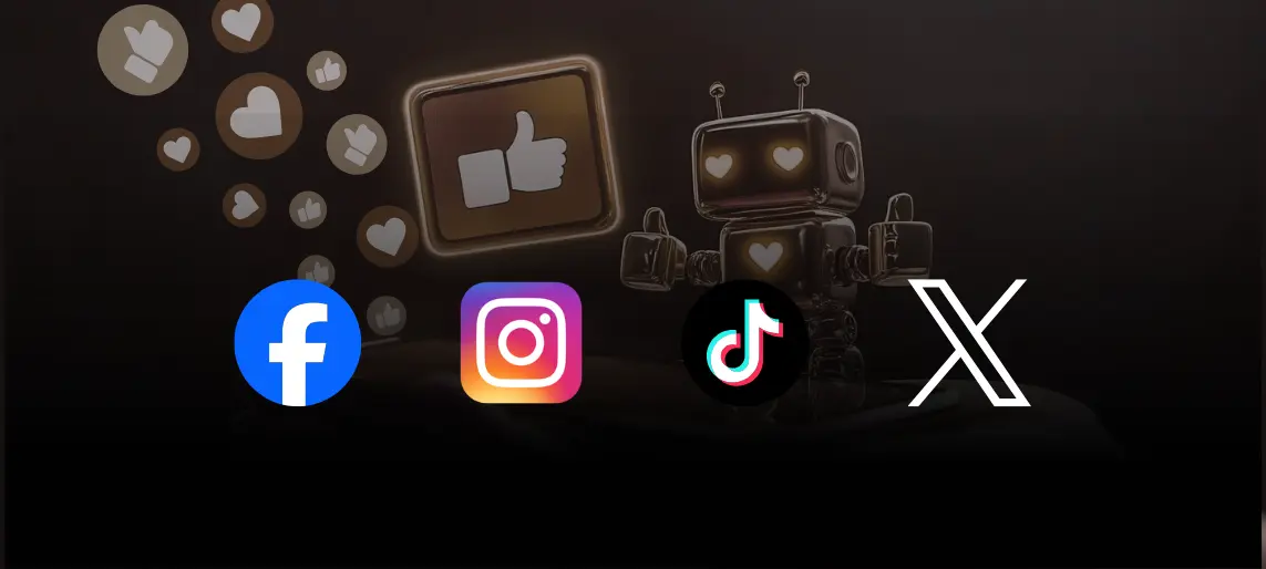 Social media robot surrounded by like icons and logos of Facebook, Instagram, TikTok, and X