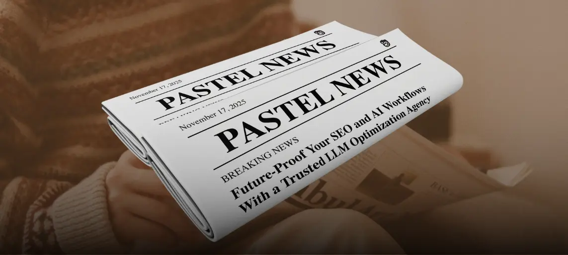 Folded newspaper mockup displaying Pastel News headline on a person’s lap