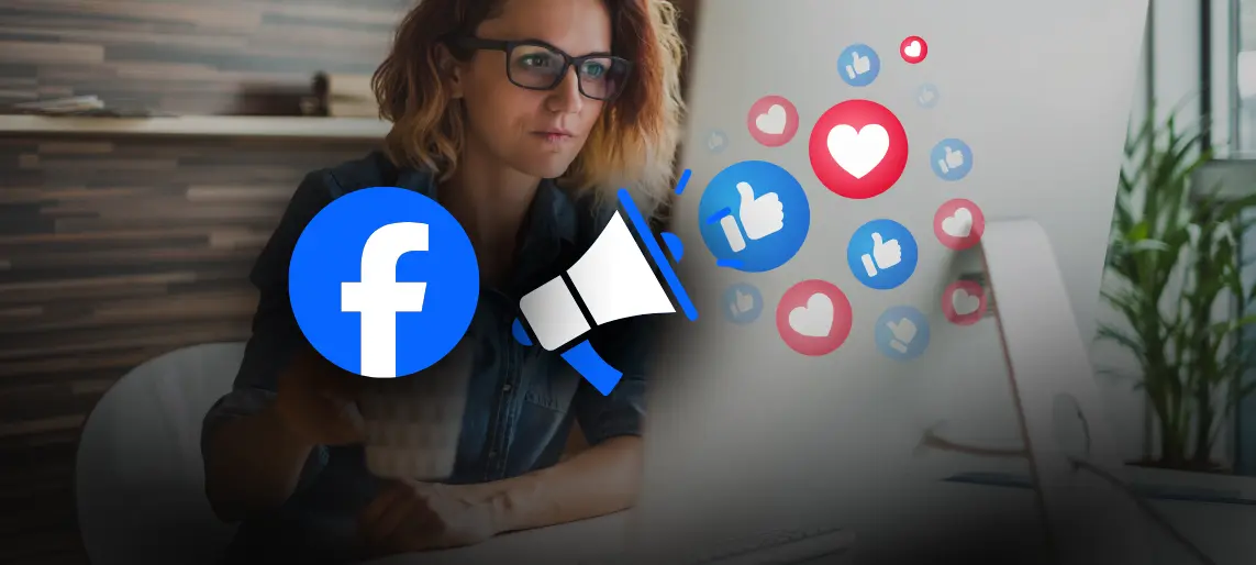 Woman working at a computer with Facebook ads and engagement icons illustrated on screen