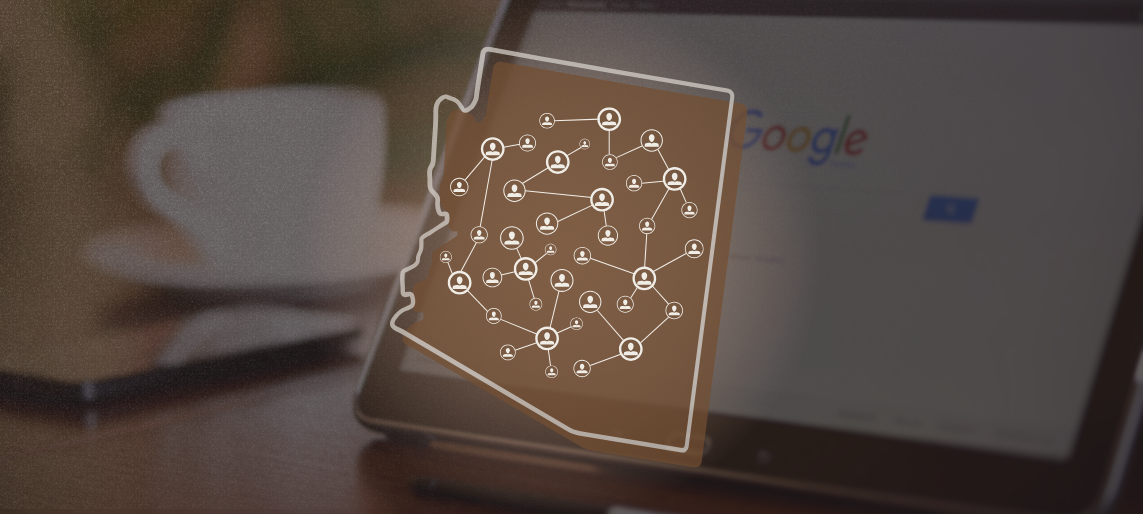 Arizona outline with connected network icons over a Google search screen on a laptop