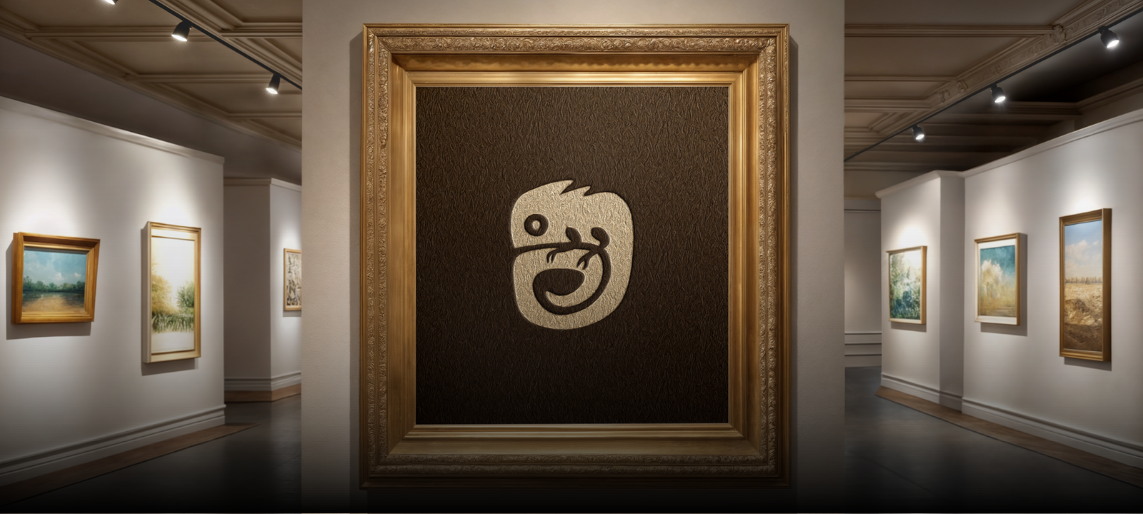 Framed logo artwork displayed in a gallery surrounded by paintings.