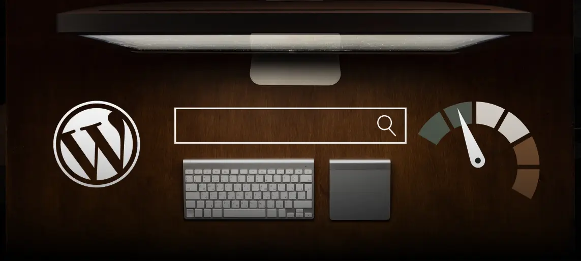 WordPress logo, search bar, and performance gauge displayed above a keyboard on a dark workspace