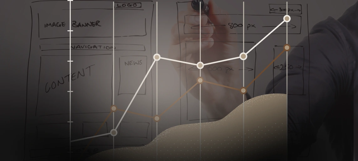 Hand sketching a website layout overlaid with rising analytics graphs representing enterprise SEO growth.