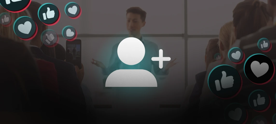 Presenter speaking to an audience with social media like icons and a follow symbol overlay.