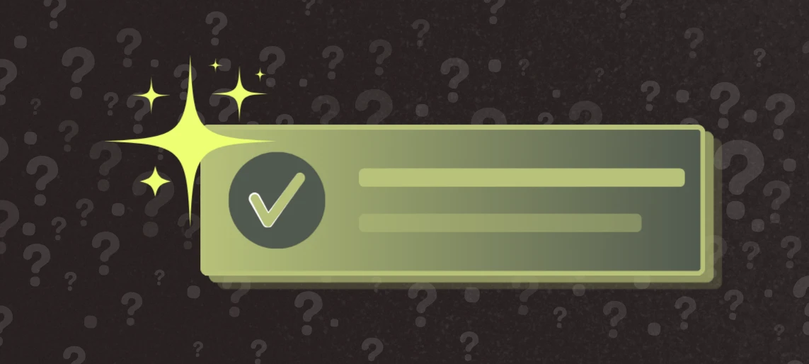 Illustration of a highlighted answer card with a check mark against a background of question marks, representing content designed to be the trusted answer in search.