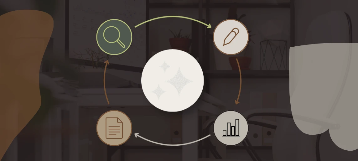 Illustration of a content optimization cycle with icons for search, writing, analytics, and documents around a central hub, representing a content audit process.