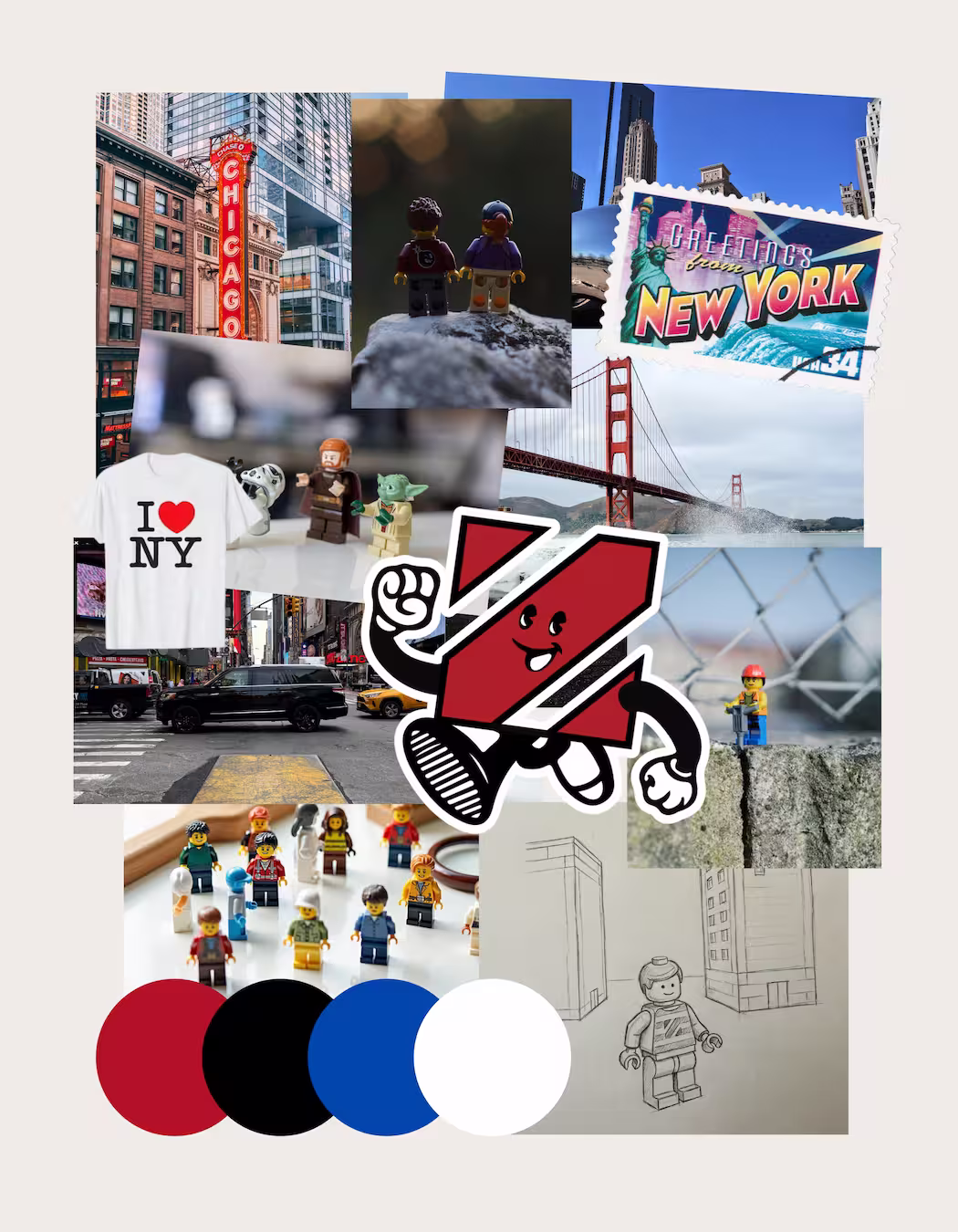 ROTR campaign moodboard featuring LEGO-style inspiration, city landmarks, travel postcard graphics, PARA brand colors, and early sketch references.
