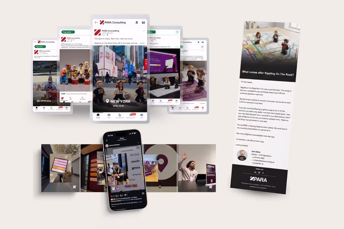 Multi-channel ROTR campaign mockup showing PARA Consulting social media posts, event recap imagery, and a post-event email design using LEGO-inspired character visuals.