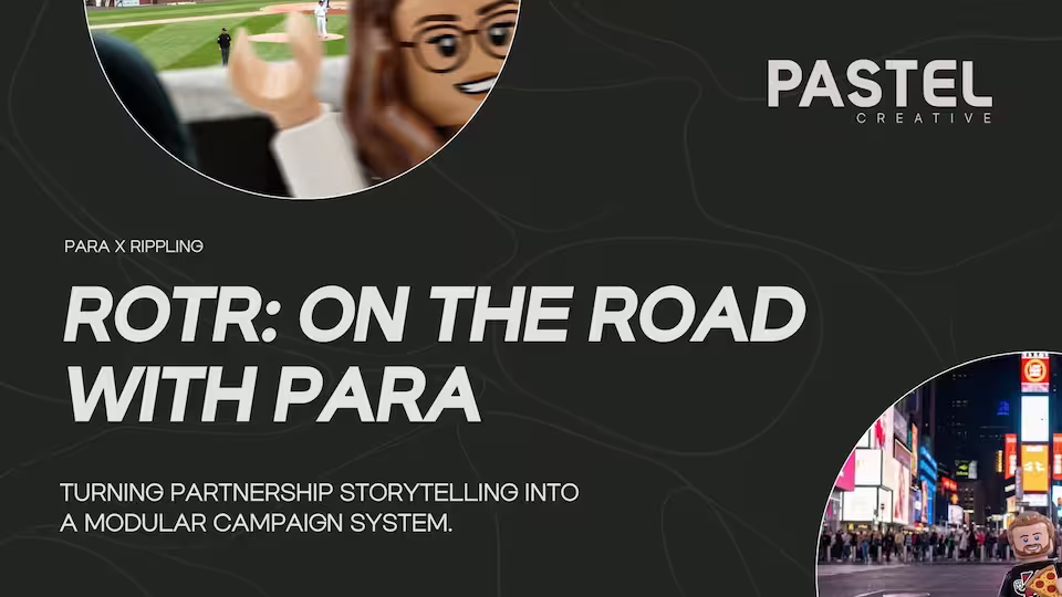 ROTR campaign case study hero image featuring LEGO-inspired PARA Consulting characters in front of a stylized city skyline with the headline “Turning Partnership Storytelling Into a Modular Campaign System.