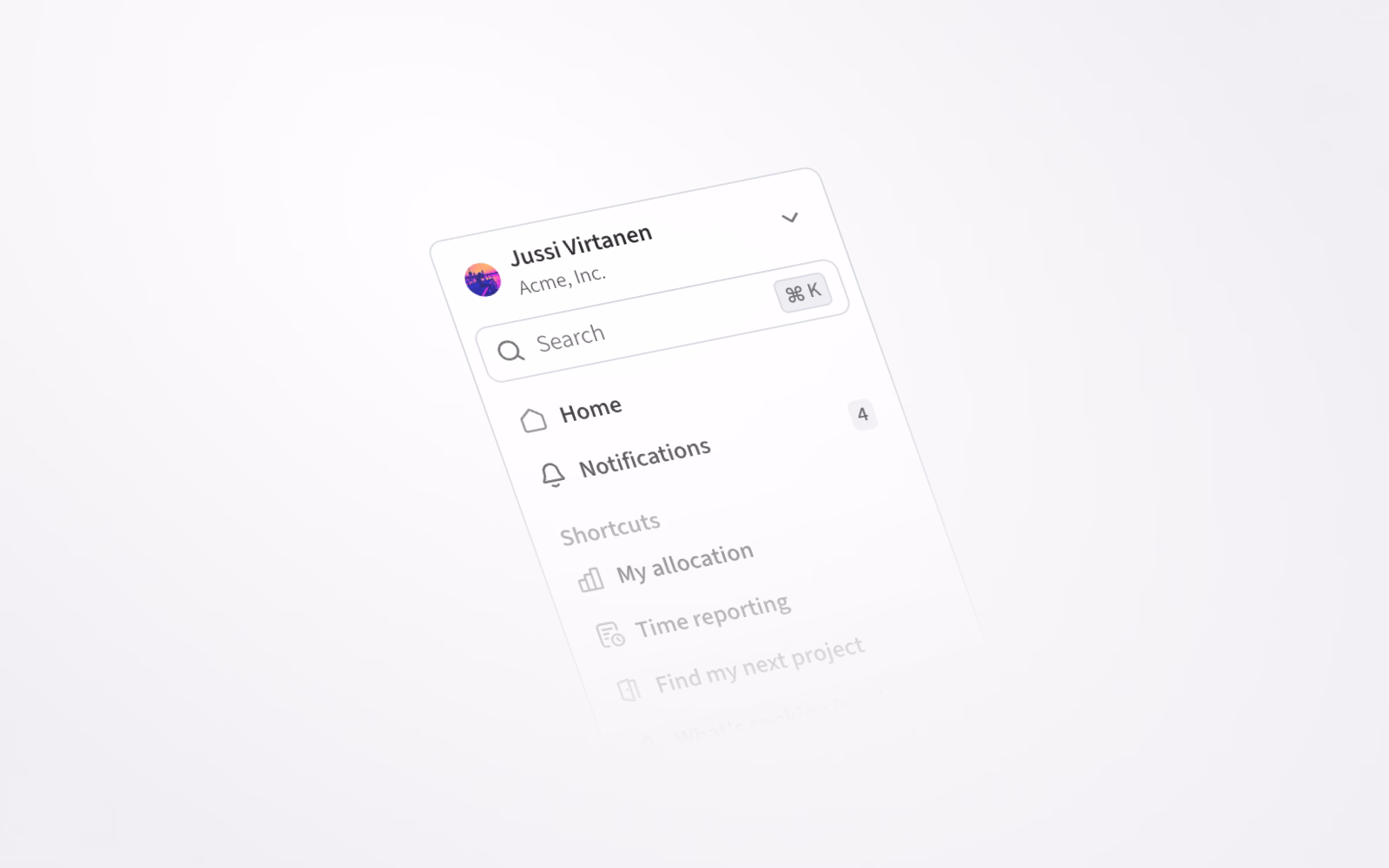 New account menu showing your Agileday environment, as well as more pronounced search bar, notifications with a count badge and shortcut to time reporting