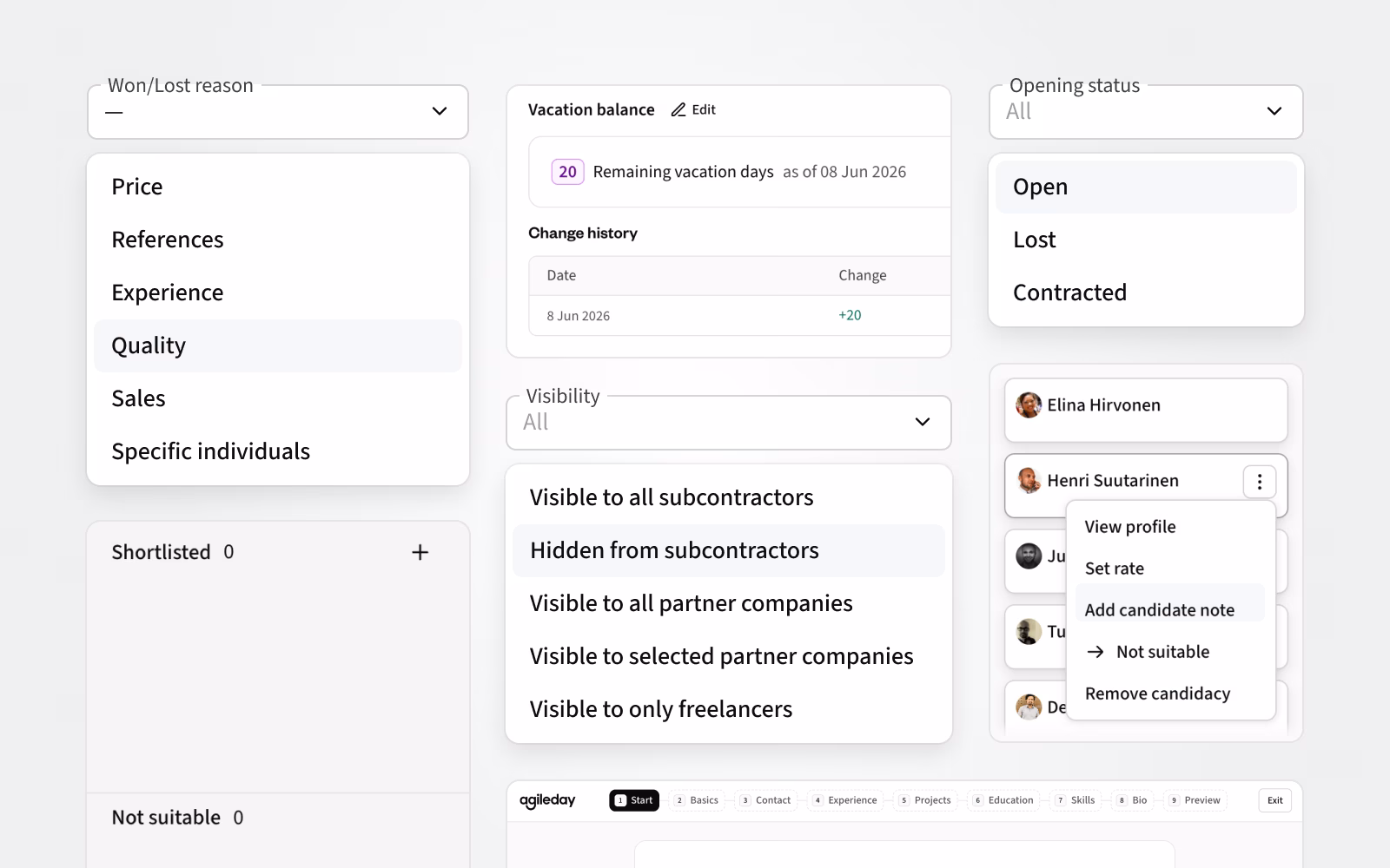 Won/Lost reason, news Shortlist section in staffing kanban, vacation balance, visibility and opening status filters, candidate notes, and profile updater.