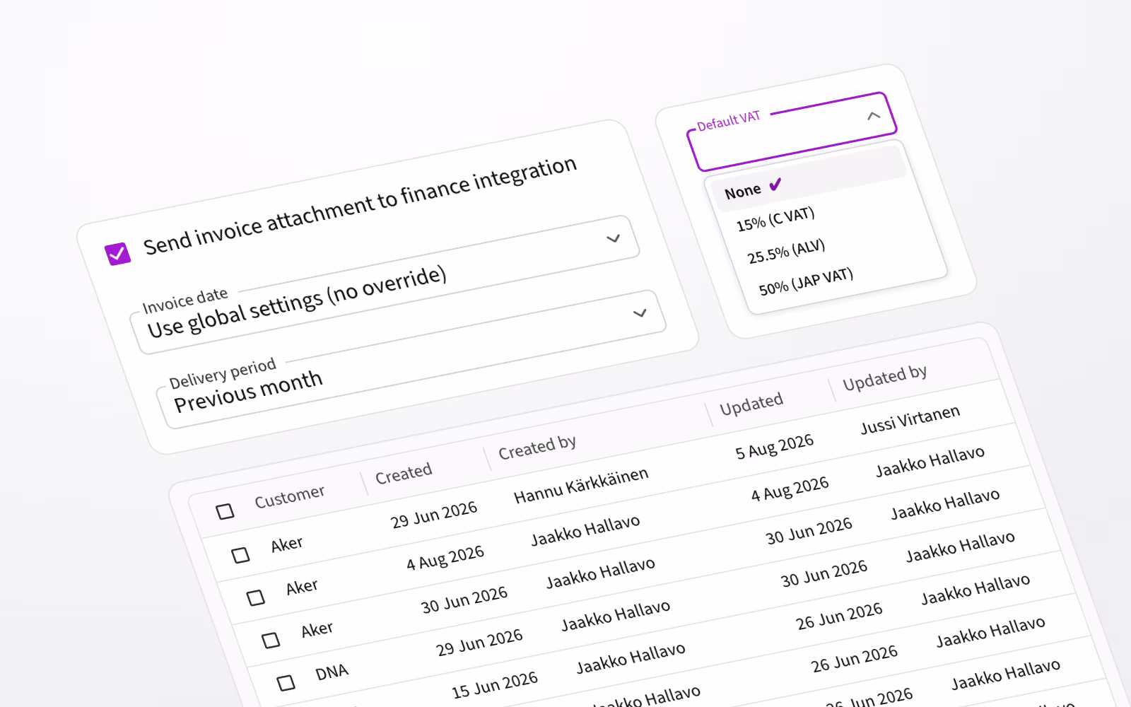 Choose if you want to send invoice attachment to your finance integration, customize VAT per line item, and see creator and updater information for invoices