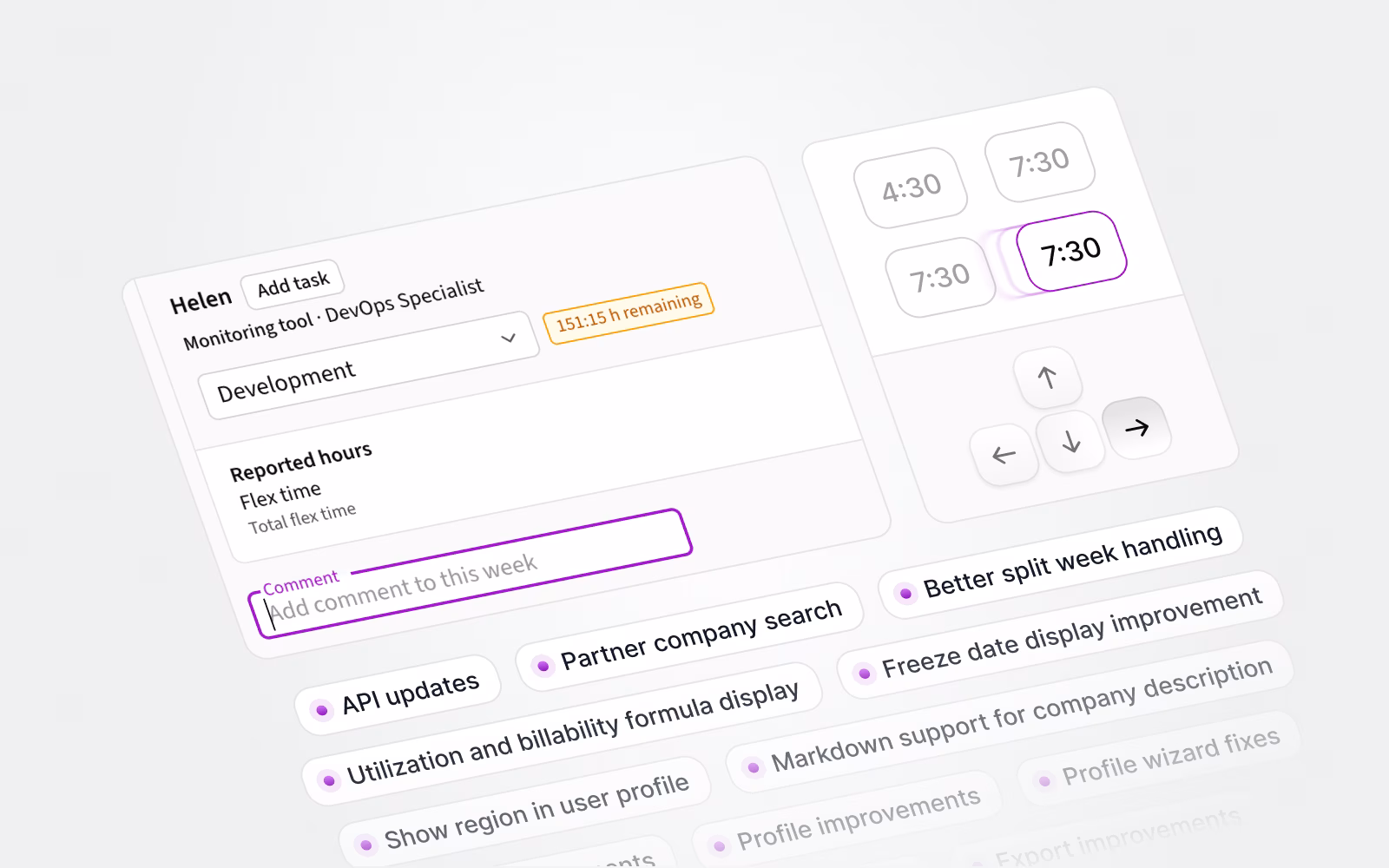 Time reporting task budget indicator, week-level comment and better keyboard navigation, and several other improvements