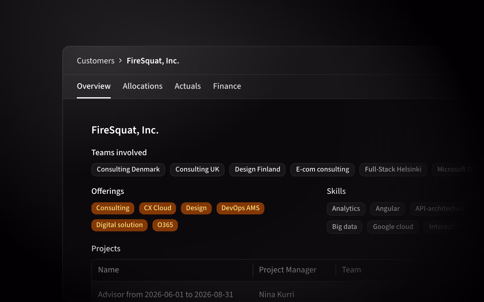 New customer pages show relevant overview, allocation, actual, and financial information.