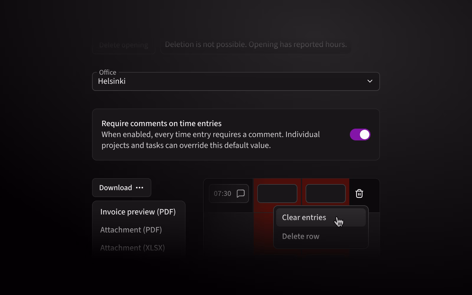 Prevent deleting openings with reported hours, choose offices from a list, require time reporting comments, invoice preview improvements, ability to clear time reporting entries per row, and more.
