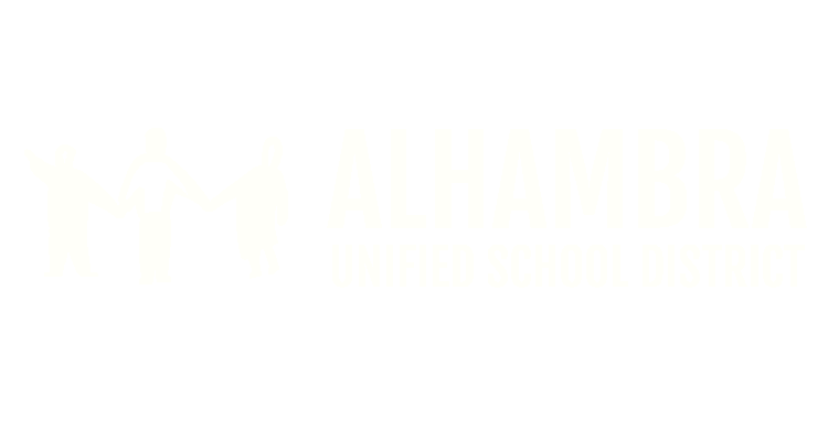 A white logo of the Alhambra Unified School District with three people holding hands on the left.