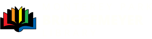 A black and rainbow colored book logo on the left with the words Monterey Park Bruggmeyer Library to the right.