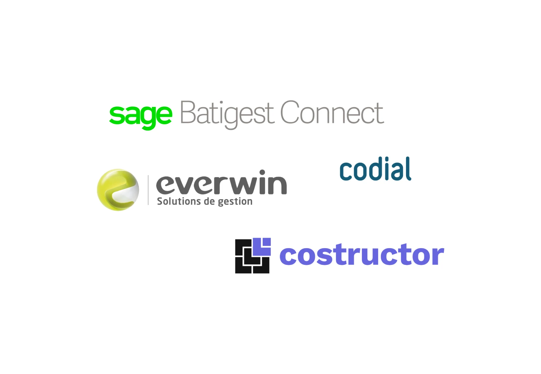 Logo des ERP connectables à ANAV : Sage Batigest Connect, Everwin, Codial, Costructor...