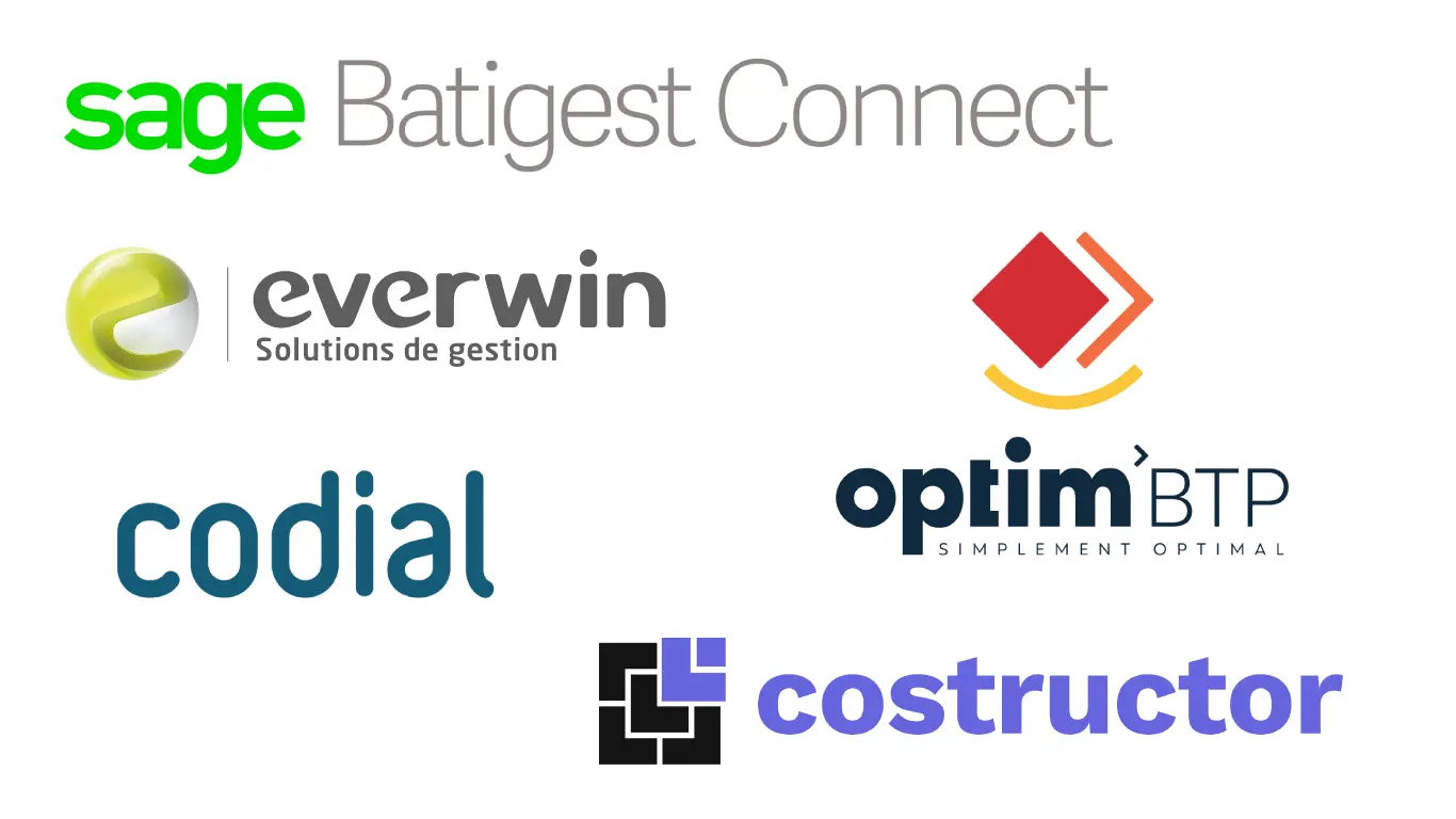 Logo des ERP connectables à ANAV : Sage Batigest Connect, Everwin, Codial, Costructor...