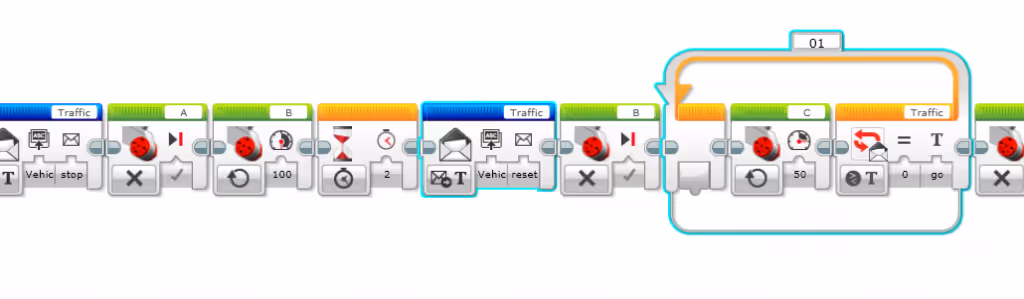 Part of Traffic Light program showing added Message block to reset Switch on Vehicle program