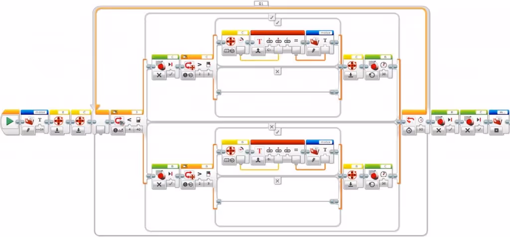 Line follower program with a strategy to avoid null rotations, with file access blocks and a switch associated to the internal rotation sensor