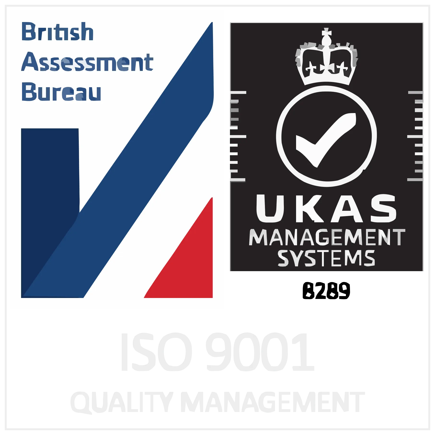 British Assessment Bureau logo with UKAS Management Systems emblem and text ISO 9001 Quality Management.