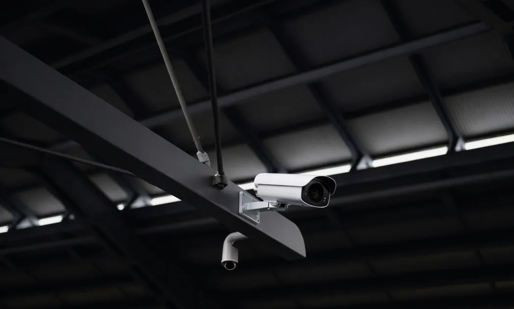 Two security cameras mounted on a metal beam inside a dark industrial building.