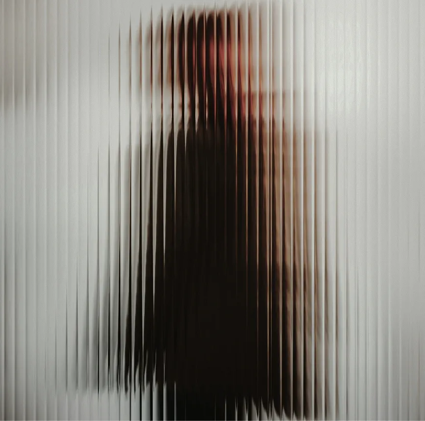 Blurred silhouette of a person behind vertically ribbed translucent glass.