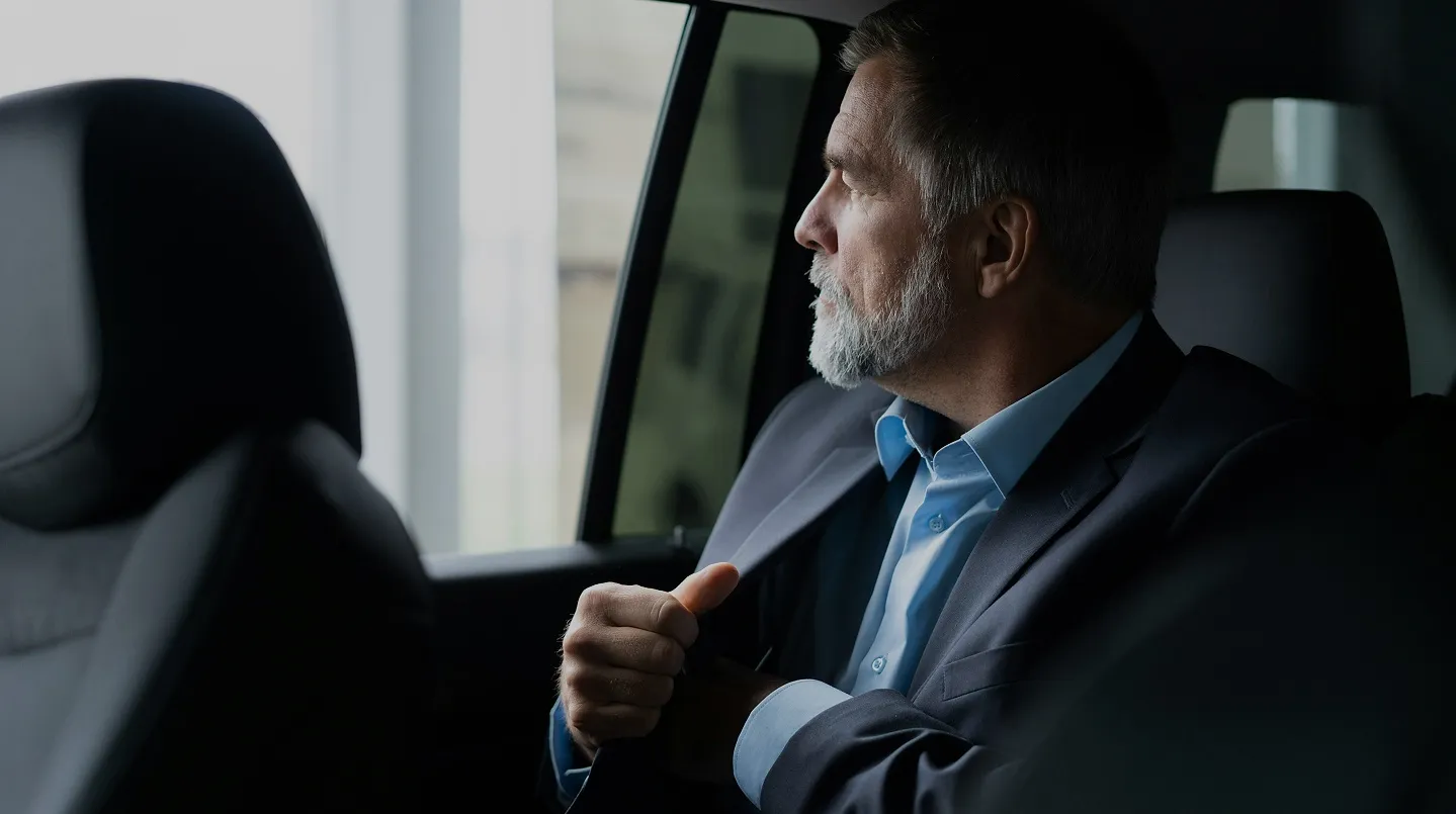 Man in a dark suit with a tie standing behind glass panels and concrete beams in an urban setting.