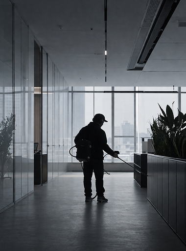 Blurred silhouette of a businessperson walking and talking on a phone beside a tiled urban building.