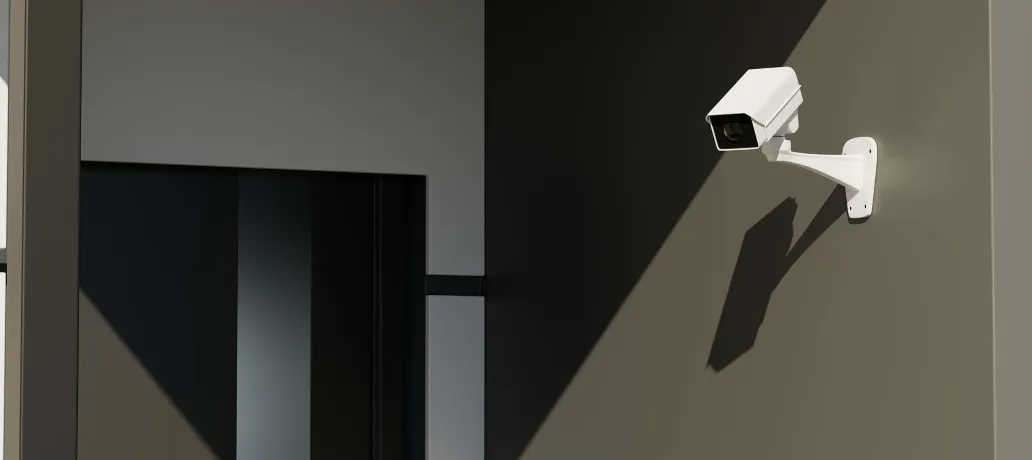 Two security cameras mounted on a metal beam inside a dark industrial building.