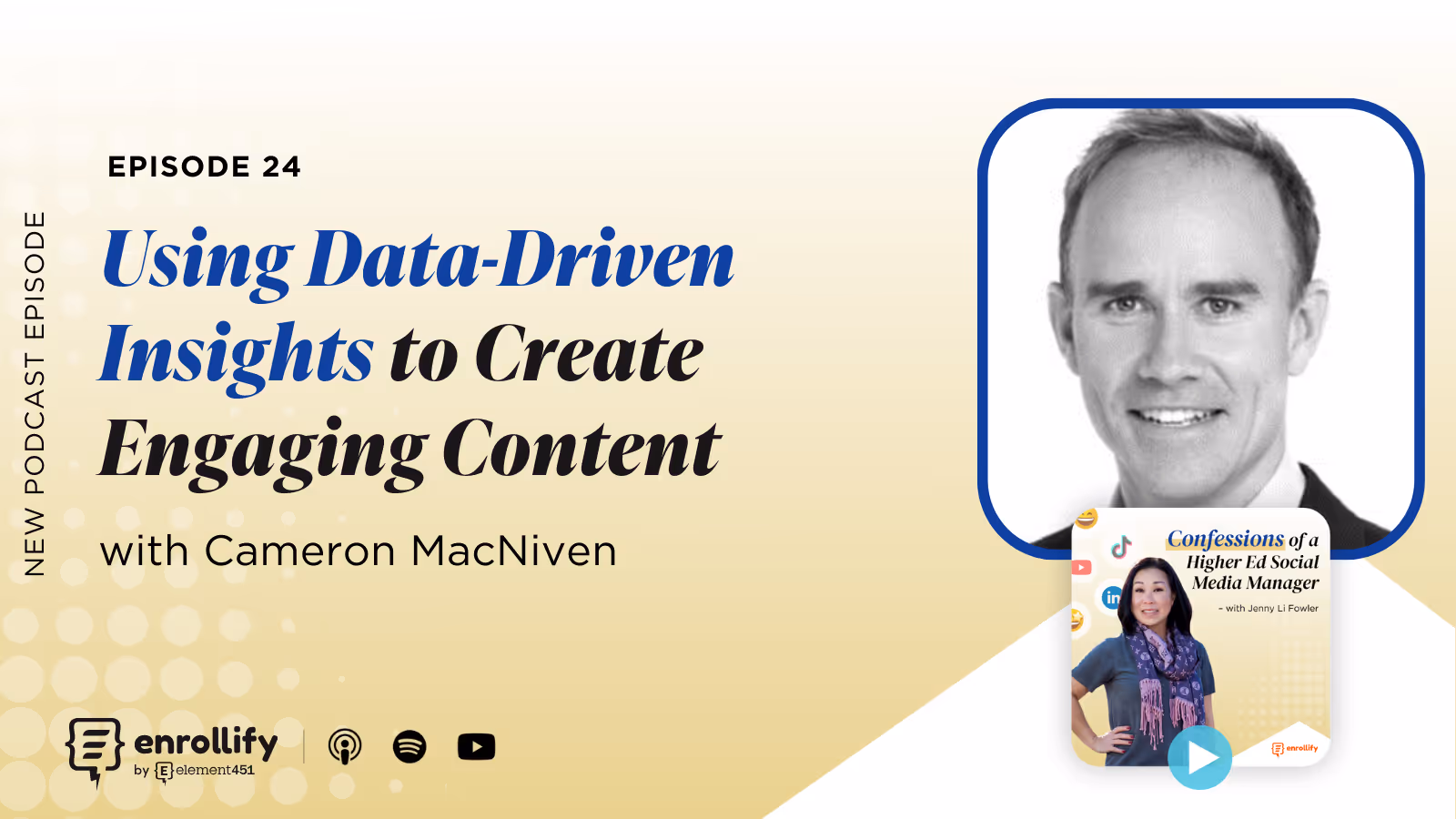 Cameron MacNiven and MIT’s Jenny Li Fowler discuss creating engaging content on Enrollify’s podcast ”Confessions of a Higher Ed Social Media Manager.”