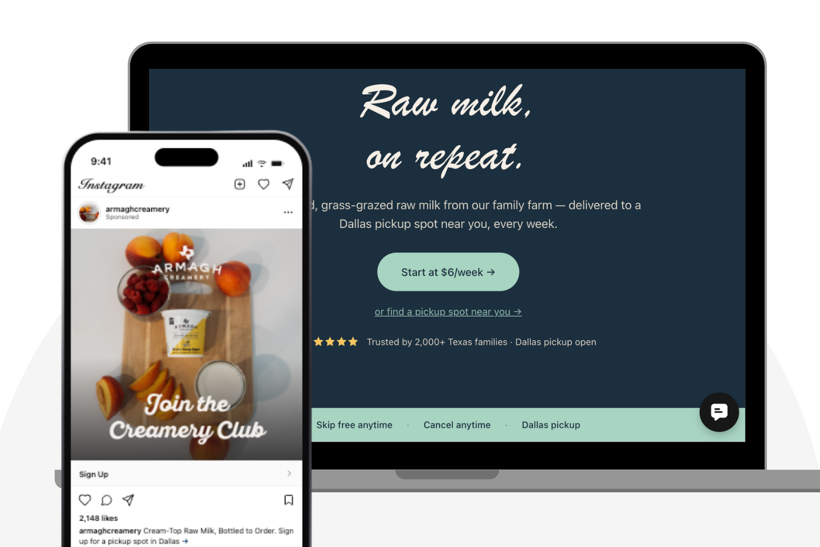 landing page and meta ad for a creamery club