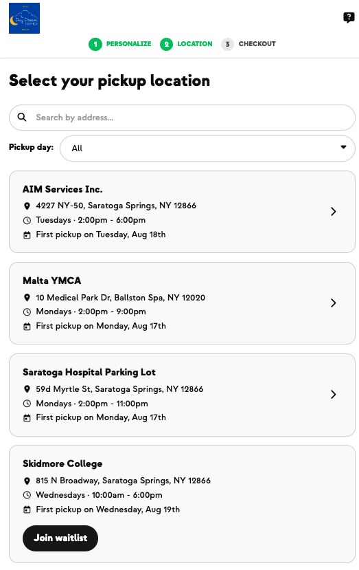 Select your pickup location — four Saratoga-area pickup sites with days, times and a waitlist option