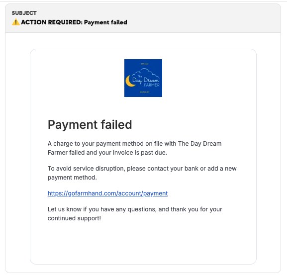 Automated payment-failed notice sent to a member on The Day Dream Farmer's branding, with a link to update their payment method